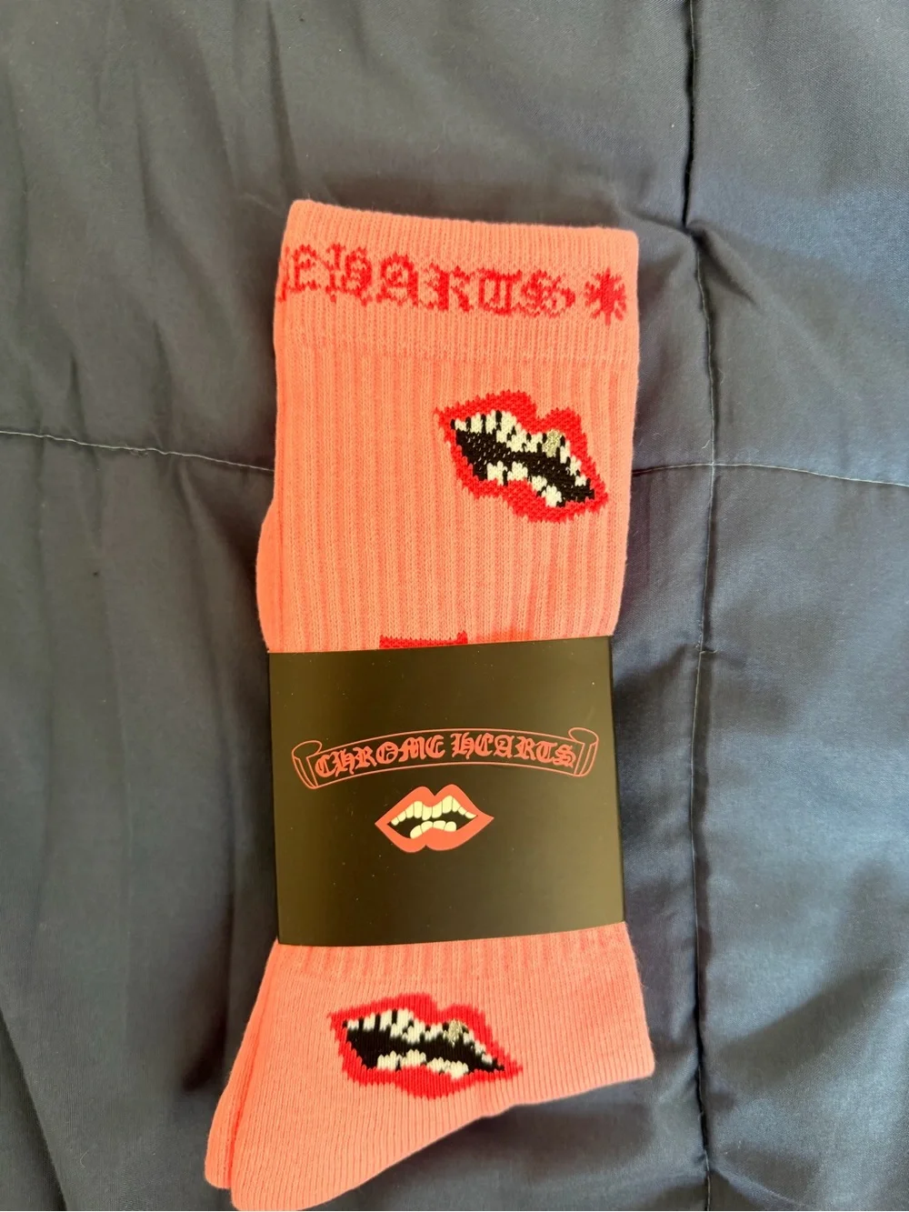 Chrome Hearts Coral Pink Crew Socks with Lip Motif